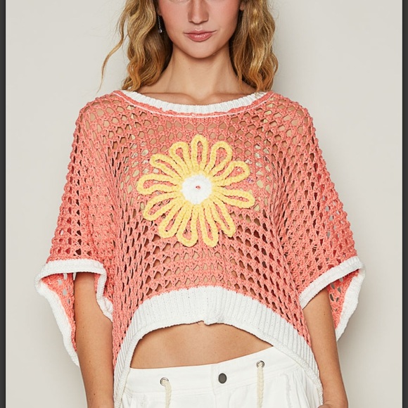 # 215 🧡Coral Open Knit Crochet Top with Floral Design - Picture 2 of 5